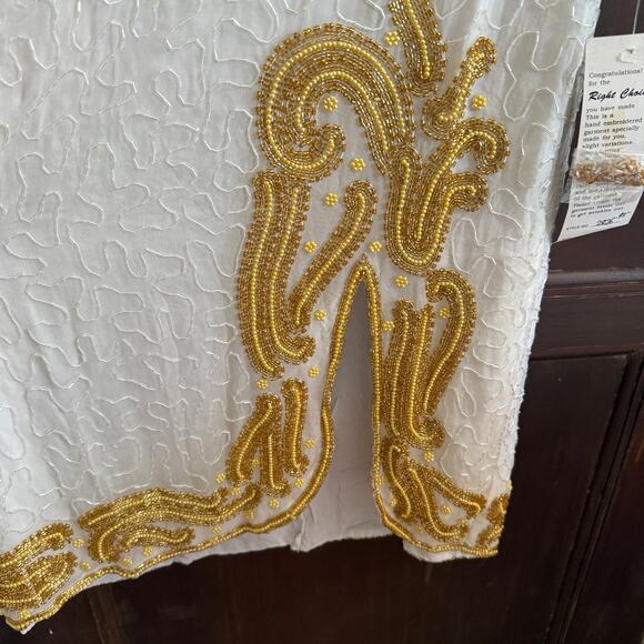 80s Vintage RIGHT CHOICE White and gold Beaded Silk Midi Gown with Slit Large - Picture 5 of 10